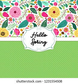Cute retro card template with hand drawn rustic flowers