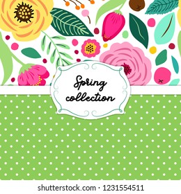 Cute retro card template with hand drawn rustic flowers