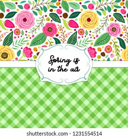 Cute retro card template with hand drawn rustic flowers