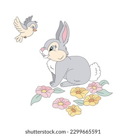 Cute retro cartoon bird and bunny with fluffy tail in floral field. Happy Easter design. Vector illustration isolated on white