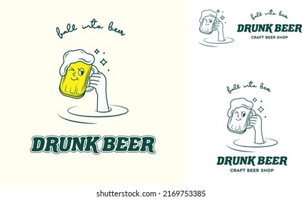 Ilustración de personajes de dibujos animados de tipo retro, impresa con un lema de pegatinas de camiseta o logotipo - personaje de cerveza de estilo vector