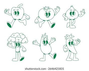 cute retro cartoon character set of vegetables. trendy mascot pepper tomato onion broccoli eggplant carrot. perfect for label packaging branding