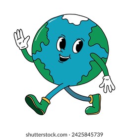 Cute retro cartoon element, mascot of planet Earth. Environment day, earth day sticker, print, card, banners, sign, etc. EPS 10