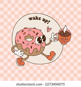 Cute retro cartoon enamored donut characters walking and holding a coffee cup. Vector vintahe contour illustration. Cool funny mascot drink and food lettering inscription - wake up