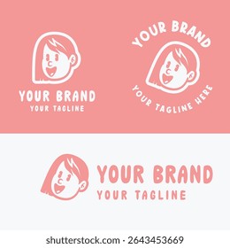 Cute retro cartoon girl logo in pink and white. Perfect for kid-friendly branding, girly products, or playful merchandise. Provided in editable EPS vector format for versatile design use