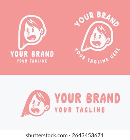 Cute retro cartoon girl logo in pink and white. Perfect for kid-friendly branding, girly products, or playful merchandise. Provided in editable EPS vector format for versatile design use