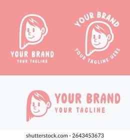 Cute retro cartoon girl logo in pink and white. Perfect for kid-friendly branding, girly products, or playful merchandise. Provided in editable EPS vector format for versatile design use