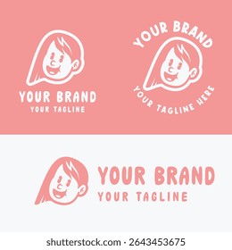 Cute retro cartoon girl logo in pink and white. Perfect for kid-friendly branding, girly products, or playful merchandise. Provided in editable EPS vector format for versatile design use