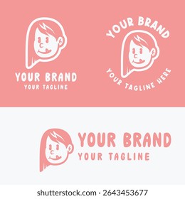 Cute retro cartoon girl logo in pink and white. Perfect for kid-friendly branding, girly products, or playful merchandise. Provided in editable EPS vector format for versatile design use