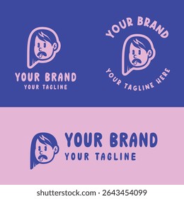 Cute retro cartoon girl logo in pink and blue. Perfect for kid-friendly branding, girly products, or playful merchandise. Provided in editable EPS vector format for versatile design use