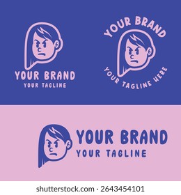 Cute retro cartoon girl logo in pink and blue. Perfect for kid-friendly branding, girly products, or playful merchandise. Provided in editable EPS vector format for versatile design use