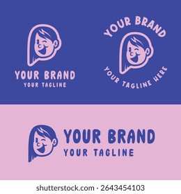 Cute retro cartoon girl logo in pink and blue. Perfect for kid-friendly branding, girly products, or playful merchandise. Provided in editable EPS vector format for versatile design use