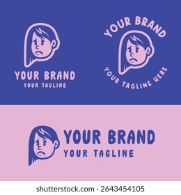 Cute retro cartoon girl logo in pink and blue. Perfect for kid-friendly branding, girly products, or playful merchandise. Provided in editable EPS vector format for versatile design use