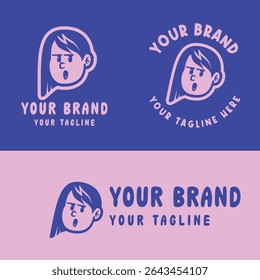 Cute retro cartoon girl logo in pink and blue. Perfect for kid-friendly branding, girly products, or playful merchandise. Provided in editable EPS vector format for versatile design use