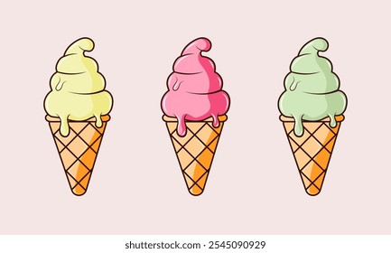 Cute retro cartoon ice cream in cones. Groovy ice cream in waffle cone. For poster, flyer, party invitation, banner. Funny mascot character. Summer dessert collection.Vector eps10