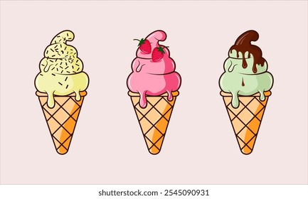Cute retro cartoon ice cream in cones. Groovy ice cream in waffle cone. For poster, flyer, party invitation, banner. Funny mascot character. Summer dessert collection.Vector eps10