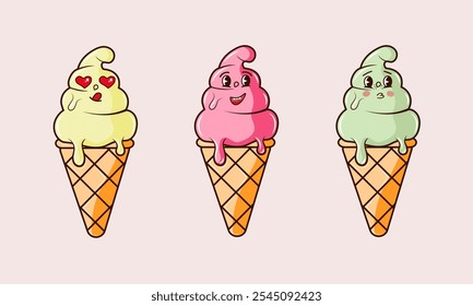 Lindo helado de dibujos animados retro en conos, helado de helado de paletas de cara divertida. Groovy helado en cono de waffle. Para el cartel, volante, invitación del partido, Anuncio. Divertido personaje de mascota. Colección de postre de verano.