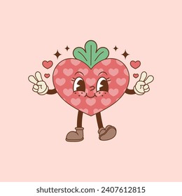 cute retro cartoon illustration of strawberry in the shape of heart and smiling