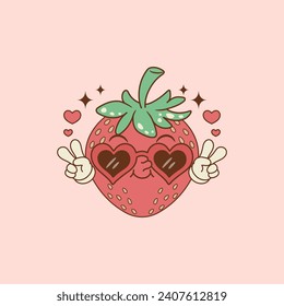 cute retro cartoon illustration of strawberry with heart glasses