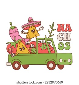 Cute retro cartoon nacho characters in pickup with fresh vegetables for cooking salsa sauce . Vector ventage mascot illustration design. Isolated on white background. Mexican harvesting.