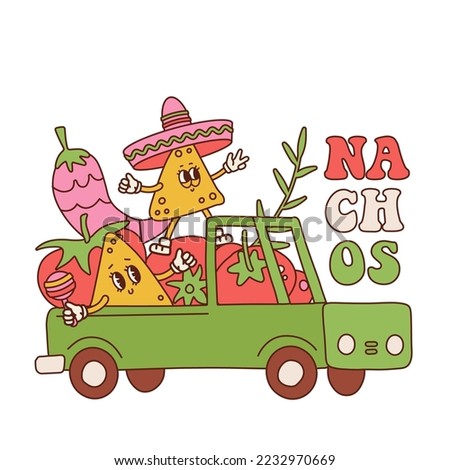 Cute retro cartoon nacho characters in pickup with fresh vegetables for cooking salsa sauce . Vector ventage mascot illustration design. Isolated on white background. Mexican harvesting.
