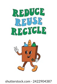Cute retro cartoon of paper bag for grocery shopping with lettering quote Reduce Reuse Recycle. Good for posters, stickers, prints, cards, sublimation. Earth day, Environment day theme. EPS 10