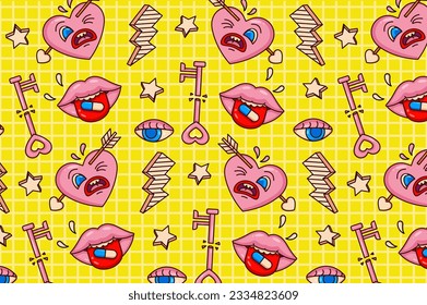 Cute retro cartoon pattern semmles design. Hearts, arrows, mouths, lightning, eyes and stars. Suitable for elements and backgrounds