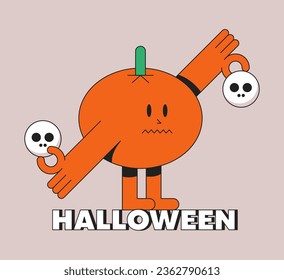 Cute Retro cartoon Pumpkin Character in groovy in Vintage Style. Happy autumn mascot with skulls. Flat vector illustration isolated on grey background.