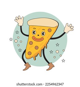 Cute Retro Cartoon Style Nursery Vector Illustration with Smiling Slice of Pizza in a Pale Blue Frame on a White Background. Happy Pizza Day Print ideal for Card, Wall Art, Sticker, Banner.