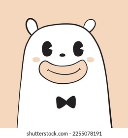Cute Retro Cartoon Style Nursery Vector Illustration with Smiling Polar Bear Siolated on a Beige Background. White Teddy Bear Print ideal for Card, Wall Art, Sticker, Banner. Wild Arctic Animal.