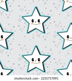 Cute Retro Cartoon Style Nursery Vector Illustration with Smiling Stars on a Light Gray Background. Happy Little Star Print ideal for Wrapping Paper, Fabric, Textile. Funny Starfish Cartoon.