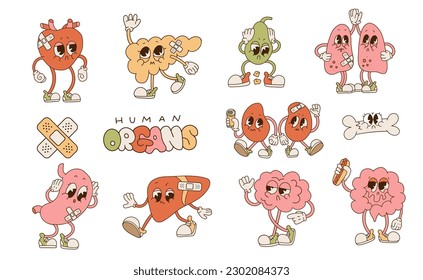 Cute Retro Cartoon Stil ungesunde kranke menschliche innere Organcharaktere mit Gehirn, Lunge, Darm, Knochen, Herz, Nieren, Leber und Magen Maskottchen. Anatomie der Vektorerkrankung, einzelne Illustration