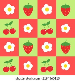 Cute retro cartoon style vector seamless pattern background with strawberry, cherry, flowers.
