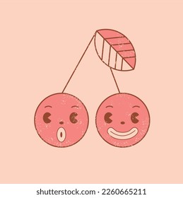 Cute Retro Cartoon Style Vector Illustration with Red Smiling Cherries on a Light Blush Pink Background. Funny Oldschool Design Twins Symbol. Simple Print with Fruit ideal for Card, Wall Art, Poster.