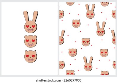 Cute Retro Cartton Style Rabbit, Bear and Cat Vector Illustration and Seamless Pattern. Lovely Nursery Art with Funny Bunny, Dreamy Bear and Sweet Kitty on a White Background. Kids Room Decoration.