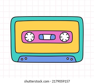 Cute retro cassette tape of the 90s in doodle style. Old school compact audio cassette in bright colors. Vintage  analogue mixtape. Vector hand-drawn illustration isolated on checkered background.