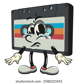 Cute retro cassette vektor illustration mascot character crying and sad, work of hand drawn