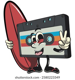 Cute retro cassette vektor illustration mascot character with surfboard and gave a peace sign, work of hand drawn