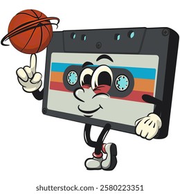 Cute retro cassette vektor illustration mascot character spin the basketball with the index finger, work of hand drawn