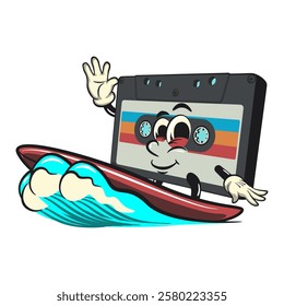 Cute retro cassette vektor illustration mascot character surfing riding the waves, work of hand drawn