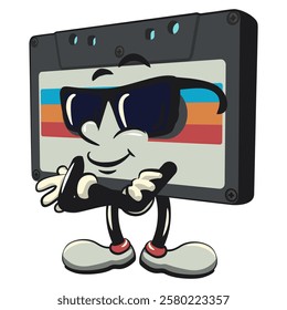 Cute retro cassette vektor illustration mascot character wearing sunglasses folding his arms calmly, work of hand drawn