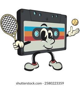 Cute retro cassette vektor illustration mascot character playing tennis, work of hand drawn