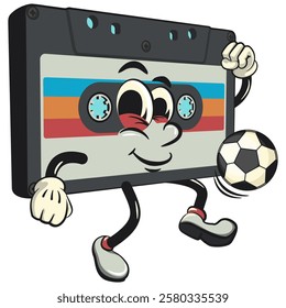 Cute retro cassette vektor illustration mascot character playing football or soccer, work of hand drawn