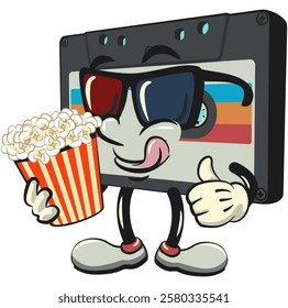 Cute retro cassette vektor illustration mascot character with a bucket of popcorn with wearing 3d glasses, work of hand drawn