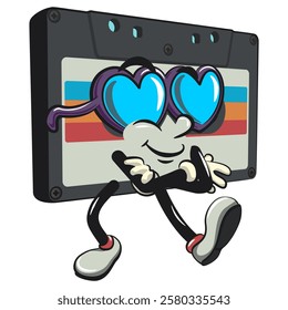 Cute retro cassette vektor illustration mascot character wearing heart shaped beach sunglasse, work of hand drawn