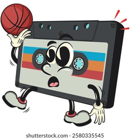 Cute retro cassette vektor illustration mascot character playing basketball, work of hand drawn