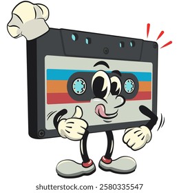 Cute retro cassette vektor illustration mascot character love being chef give thumbs up, work of hand drawn