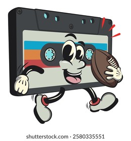 Cute retro cassette vektor illustration mascot character playing rugby and american footbal, work of hand drawn