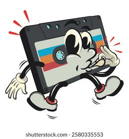 Cute retro cassette vektor illustration mascot character blowing the whistle, work of hand drawn