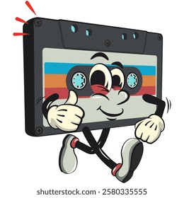 Cute retro cassette vektor illustration mascot character love walking with thumbs up, work of hand drawn